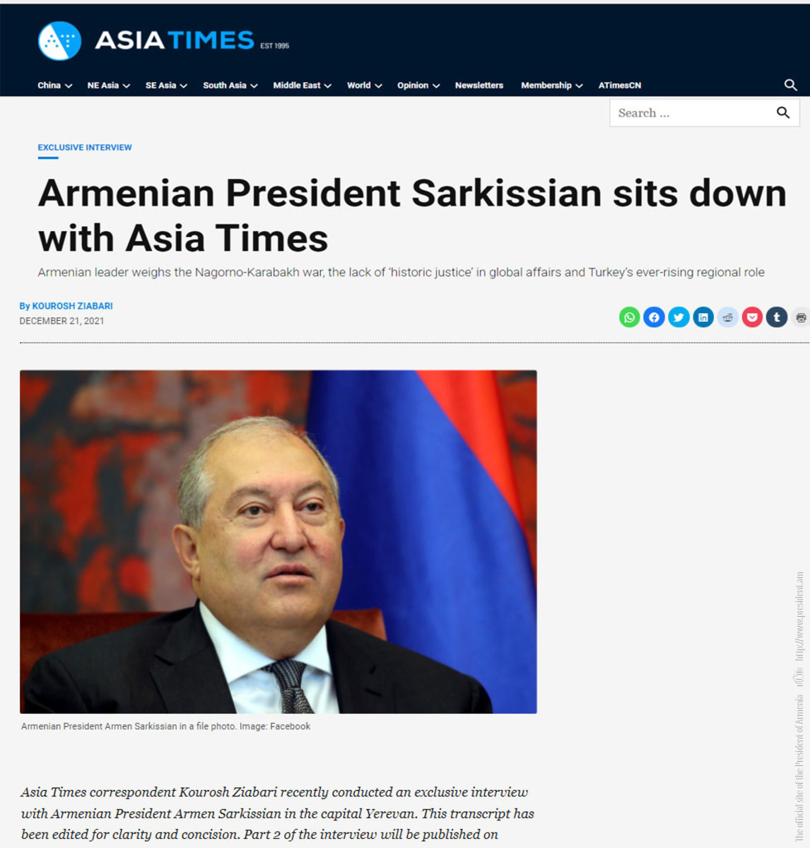 Հուսով եմ, որ մենք կվերադառնանք բանակցություններին ու ստիպված չենք լինի վերաստեղծել կամ ստեղծել նոր ձևաչափ. նախագահ Արմեն Սարգսյանի հարցազրույցը Asia Times-ին