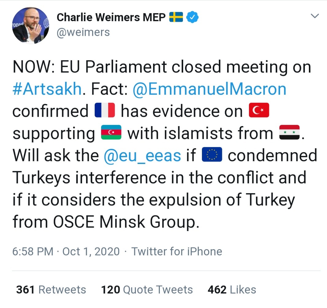 Եվրոպական խորհուրդը փակ նիստ է անցկացնում Արցախի առնչությամբ, որի ընթացքում Ֆրանսիայի նախագահ Էմանուել Մակրոնը հաստատել է, որ փաստեր ունի Թուրքիայի կողմից սիրիացի իսլամիստների՝ Ադրբեջանին աջակցելու հետ կապված